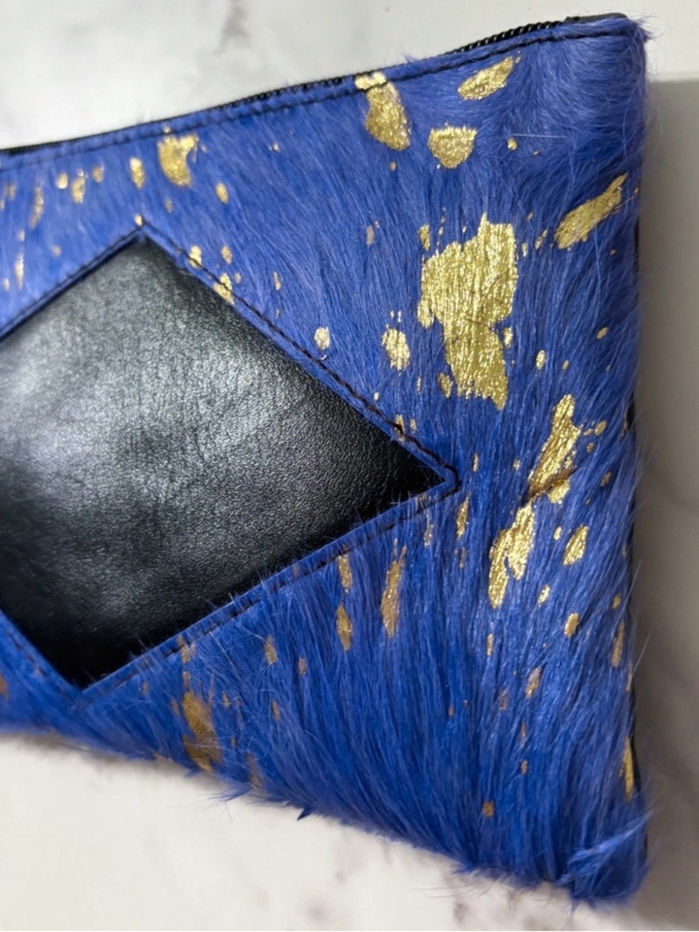 NEW Leather Hair-On Hide Wristlet Clutch Blue Gold Foil Leather Tassel Western - Picture 5 of 6